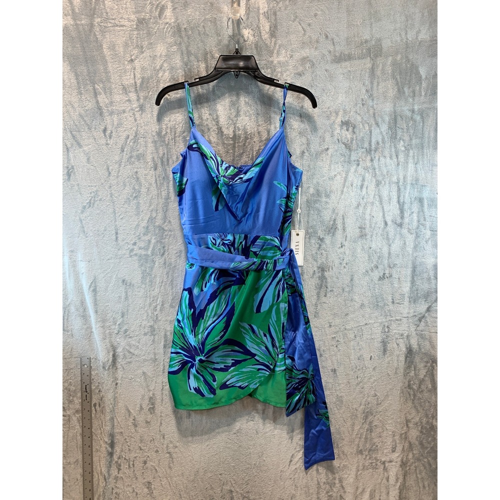 Siena Floral Satin Mini Dress Blue Green Cowl Neck Size 8 SATP2013 blz NEW